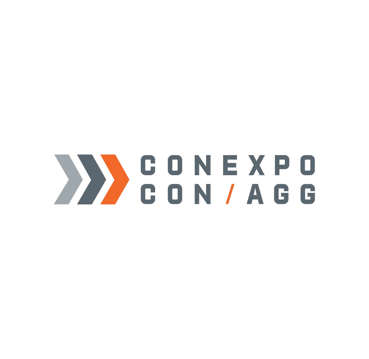 Three arrows—two gray and one orange—point right toward the words CONEXPO CON/AGG in gray, with a slash in orange between CON and AGG, all on a white background.
