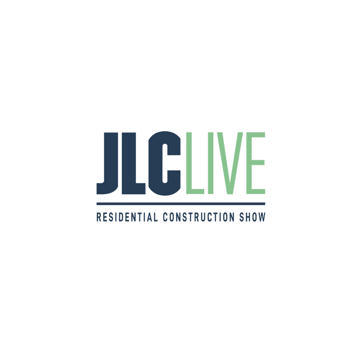 Logo for JLC LIVE Residential Construction Show, with JLC in bold navy text and LIVE in light green. RESIDENTIAL CONSTRUCTION SHOW appears below in navy, all capital letters.