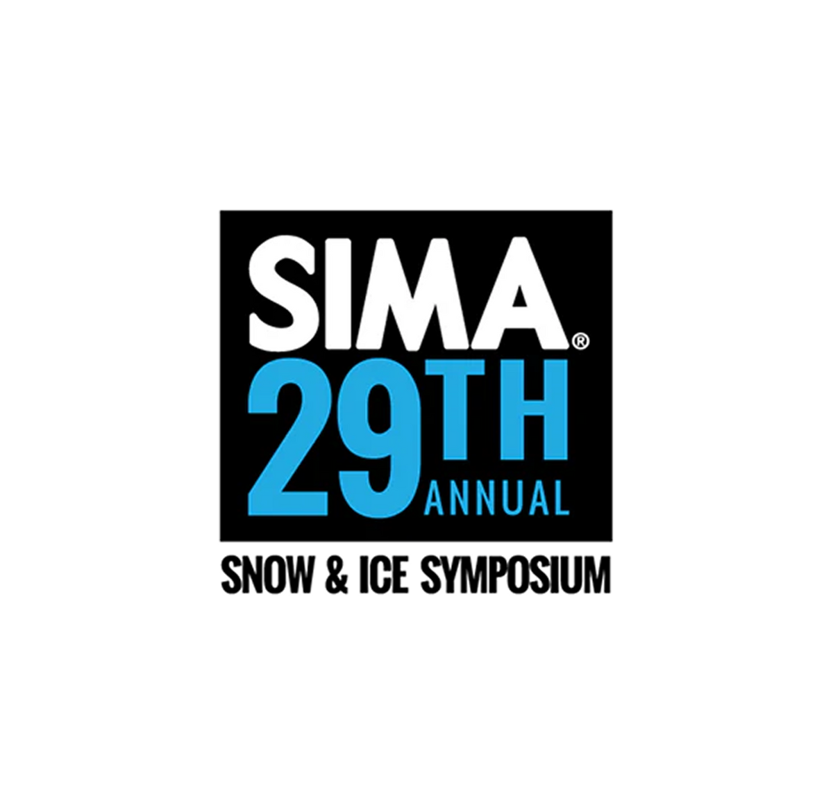 Logo for SIMA 29th Annual Snow & Ice Symposium, with bold black and blue text on a white background.
