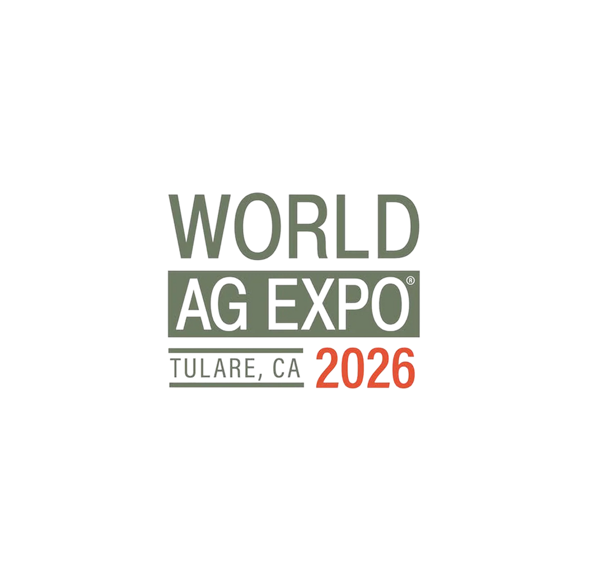 Logo for the 2026 World Ag Expo in Tulare, CA, with WORLD AG EXPO in green text and TULARE, CA 2026 below, the year in orange.