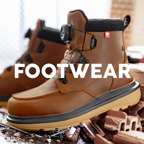 Brown work boot with visible brand logo on a construction-themed background, featuring the word 'FOOTWEAR'.
