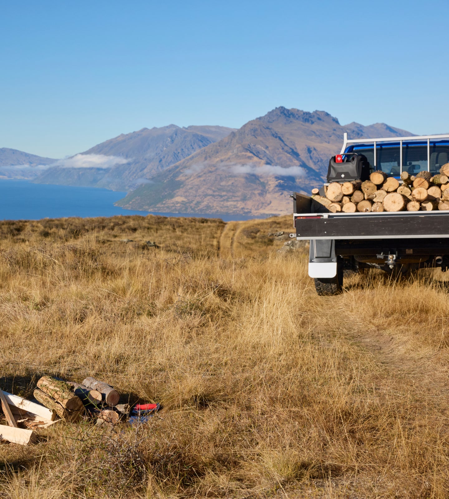 Truck loaded with firewood parked in a dry mountain meadow beneath rugged peaks.