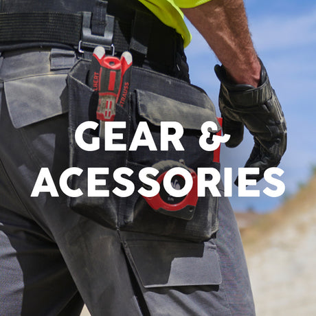 Person wearing a tool belt with various tools and accessories, with text 'GEAR & ACCESSORIES' overlayed.
