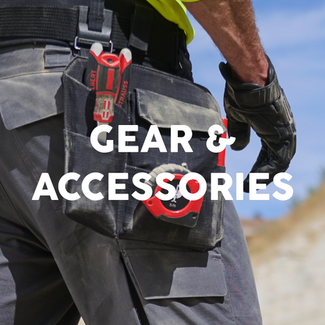 Man with a tool bag on his hip and the text "Gear and Accessories"