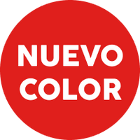 Red circle with 'NUEVO COLOR' text in white