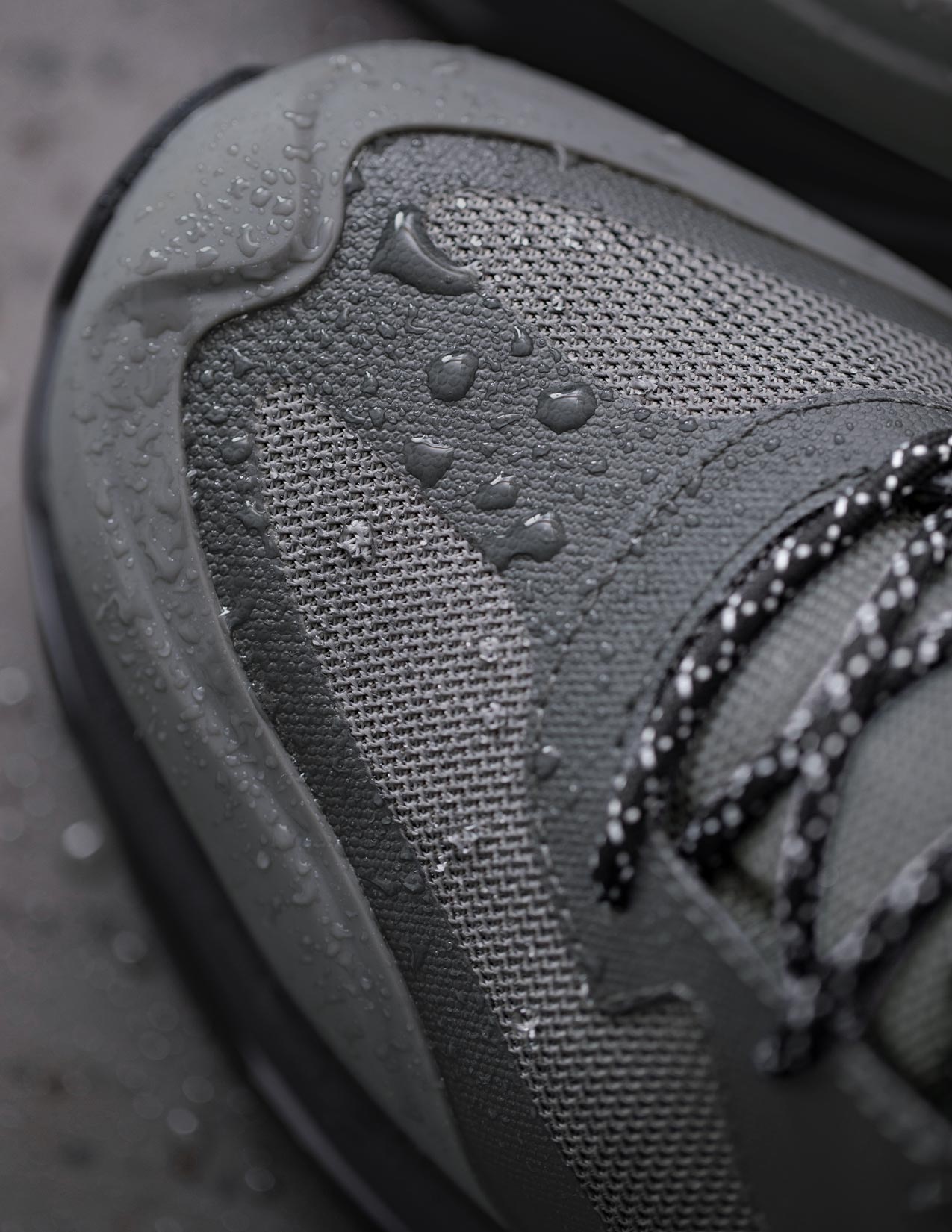 Close-up of a gray shoe with water droplets on the sole