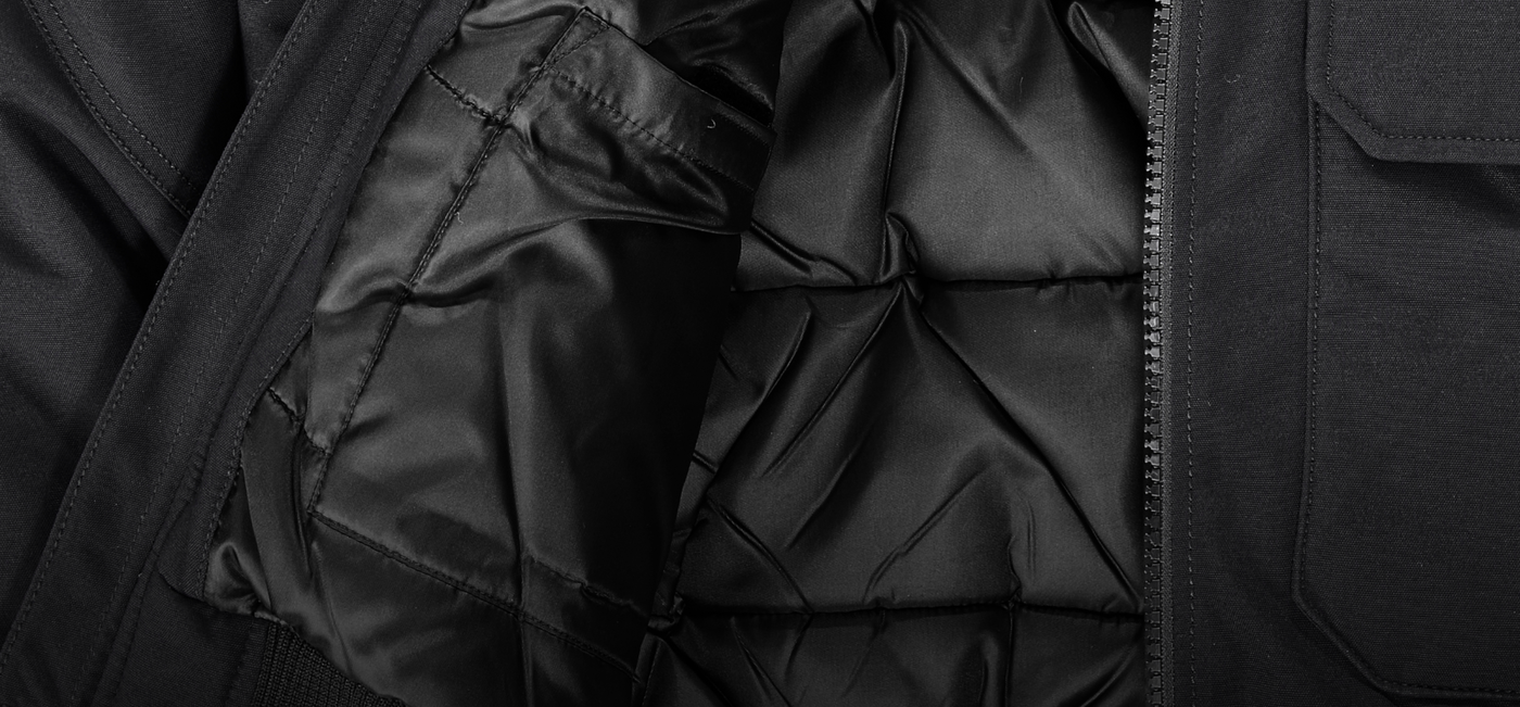 Close-up of a black quilted jacket with visible stitching