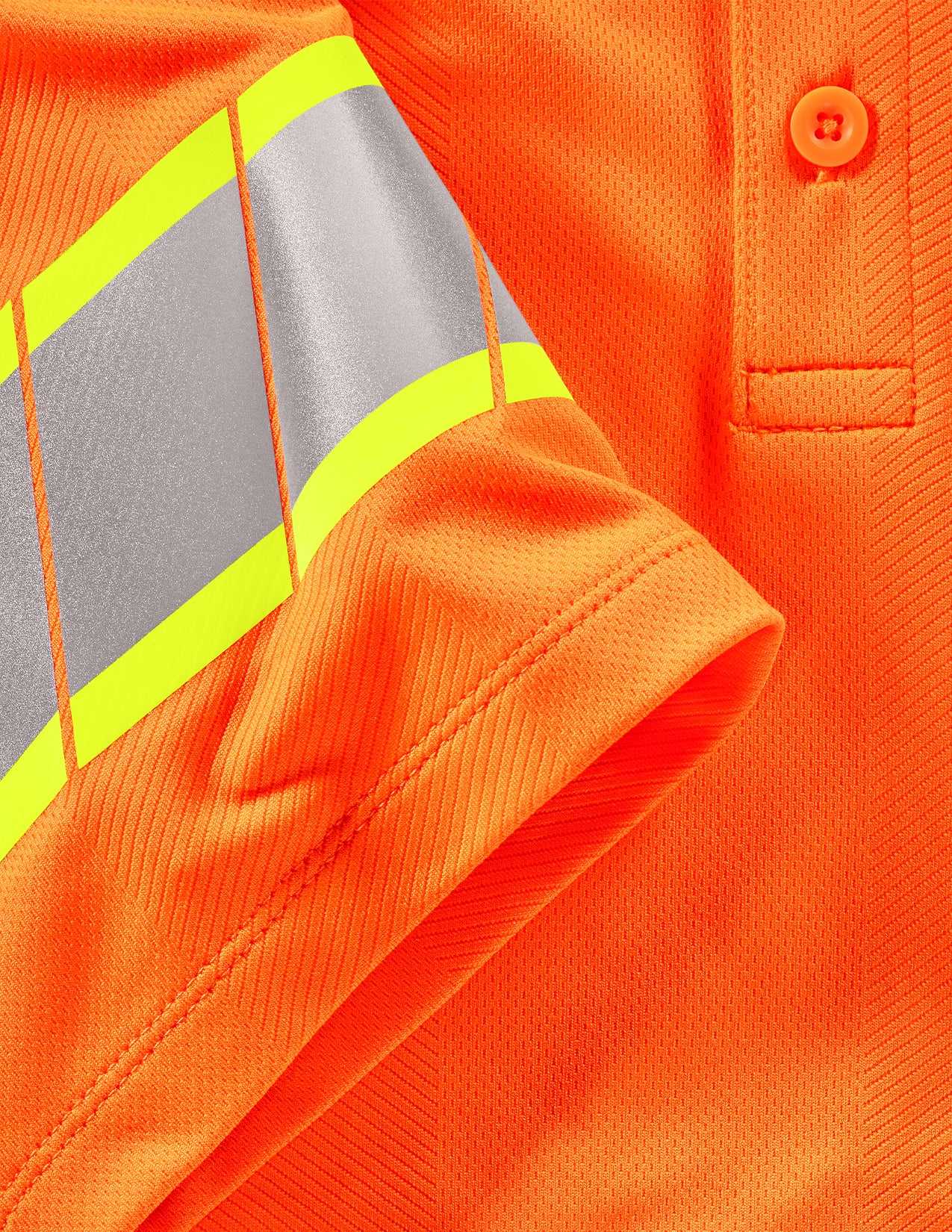 Close-up of an orange safety Polo with reflective stripes.