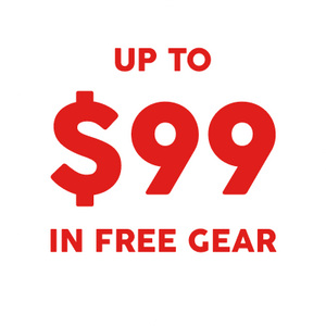 Promotional text indicating 'Up to $99 in free gear' on a white background