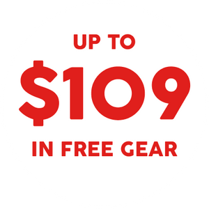 Promotional text offering 'Up to $109 in free gear' on a white background