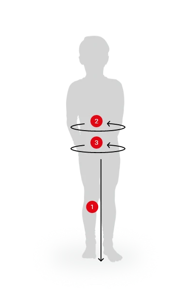 Instructional diagram showing a simplified child silhouette with numbered red circles and black arrows indicating a sequence of movements on a light gray background.