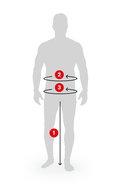 A gray man silhouette on a white background with black arrows and red numbered circles indicating three movement or placement steps on the torso and upper leg.