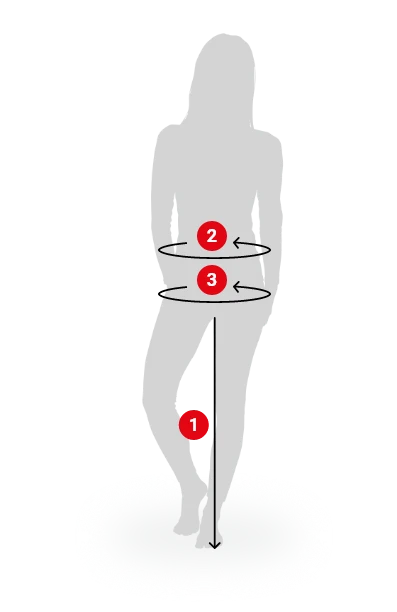 A gray silhouette of a woman on a white background with black arrows and red numbered circles indicating three measurement or adjustment steps on the body.