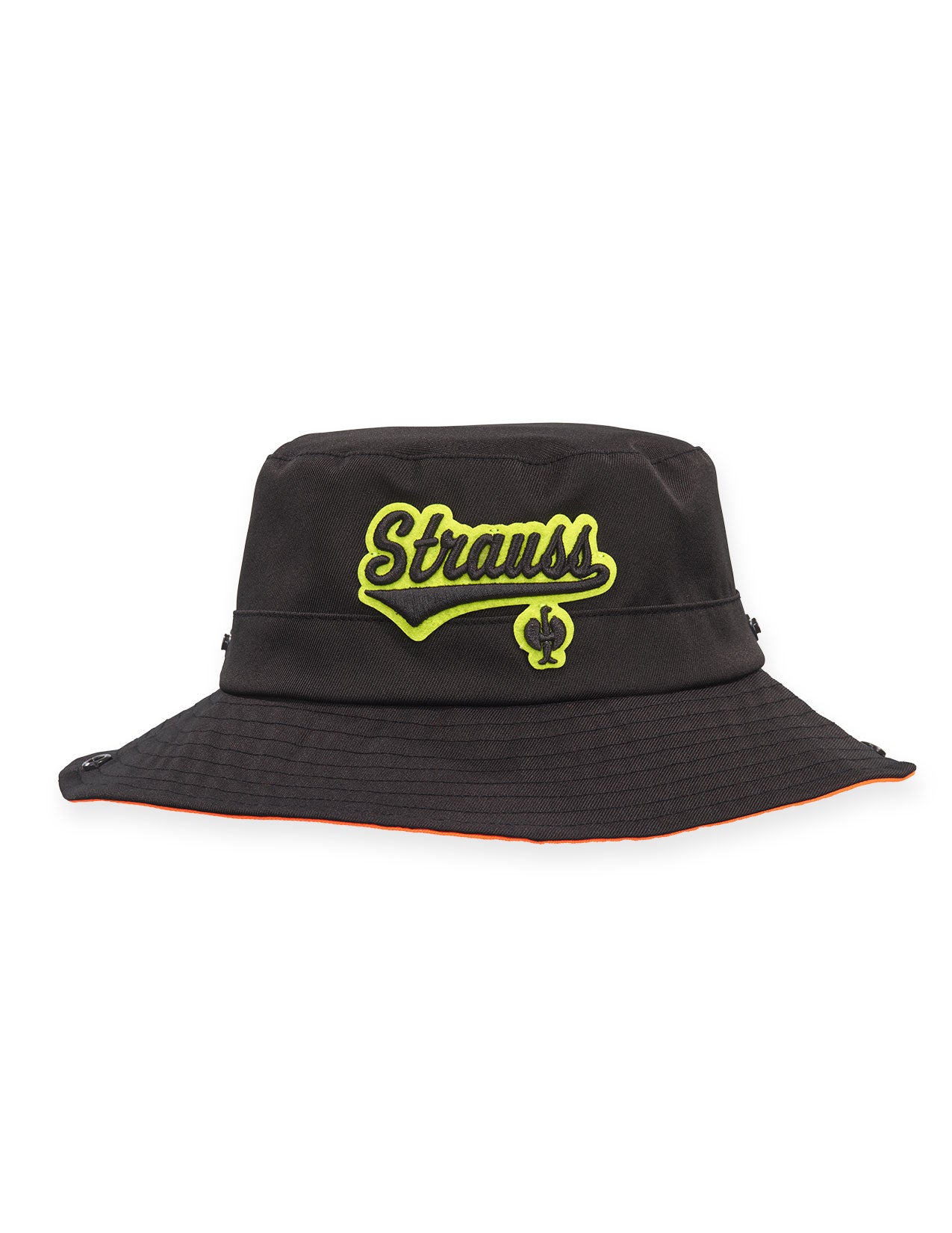 Black bucket hat with yellow 'Strauss' logo on a white background.