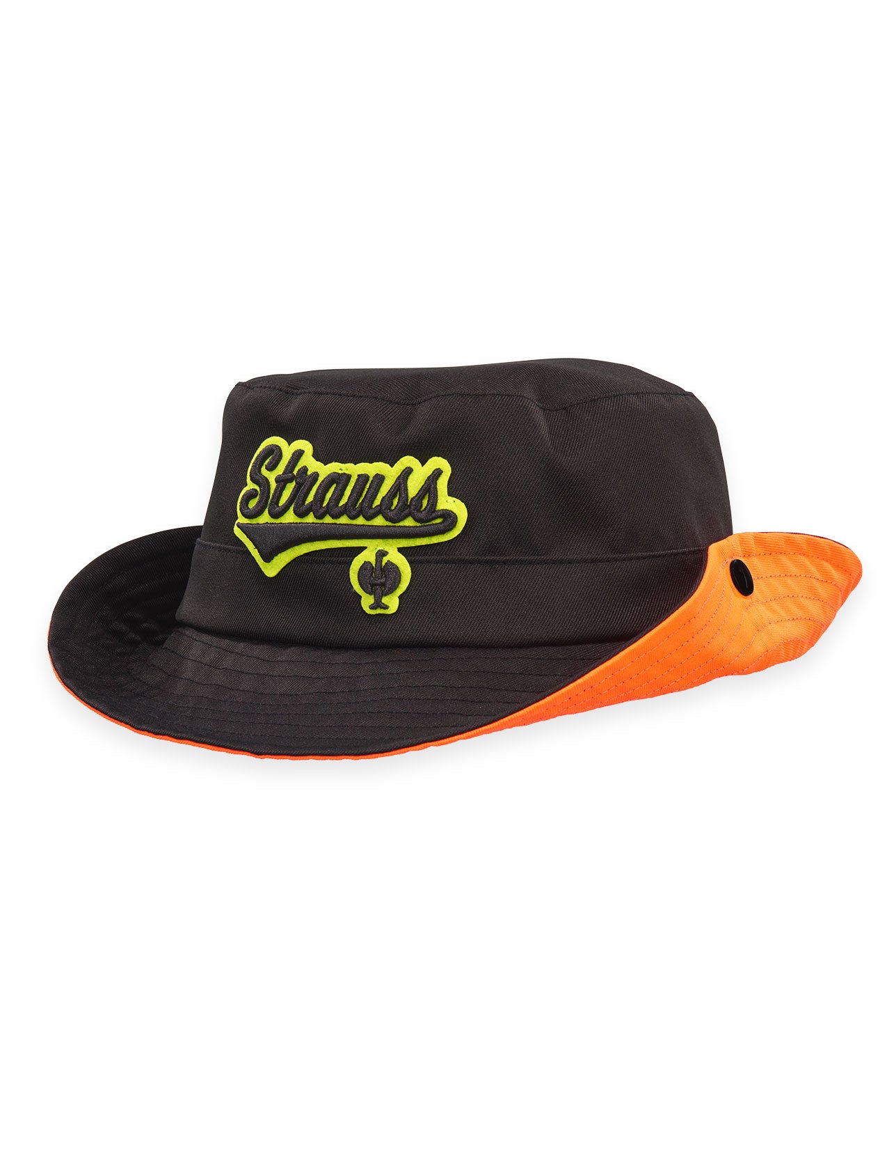 Black and orange hat with 'Strauss' logo on a white background.