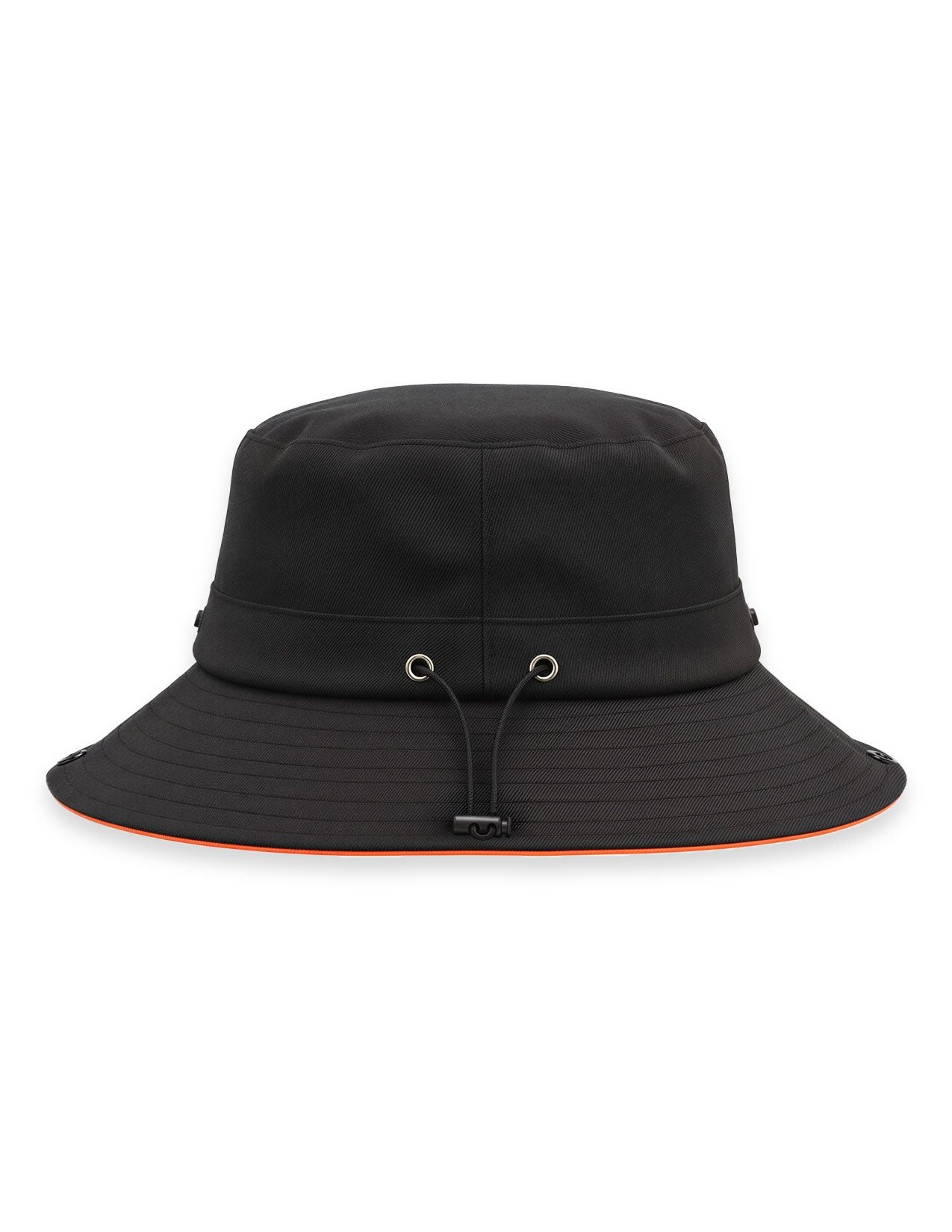 Black bucket hat with drawstring on a white background.