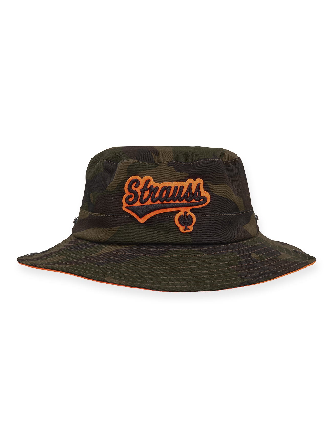 Camouflage bucket hat with orange 'Strauss' logo on a white background.