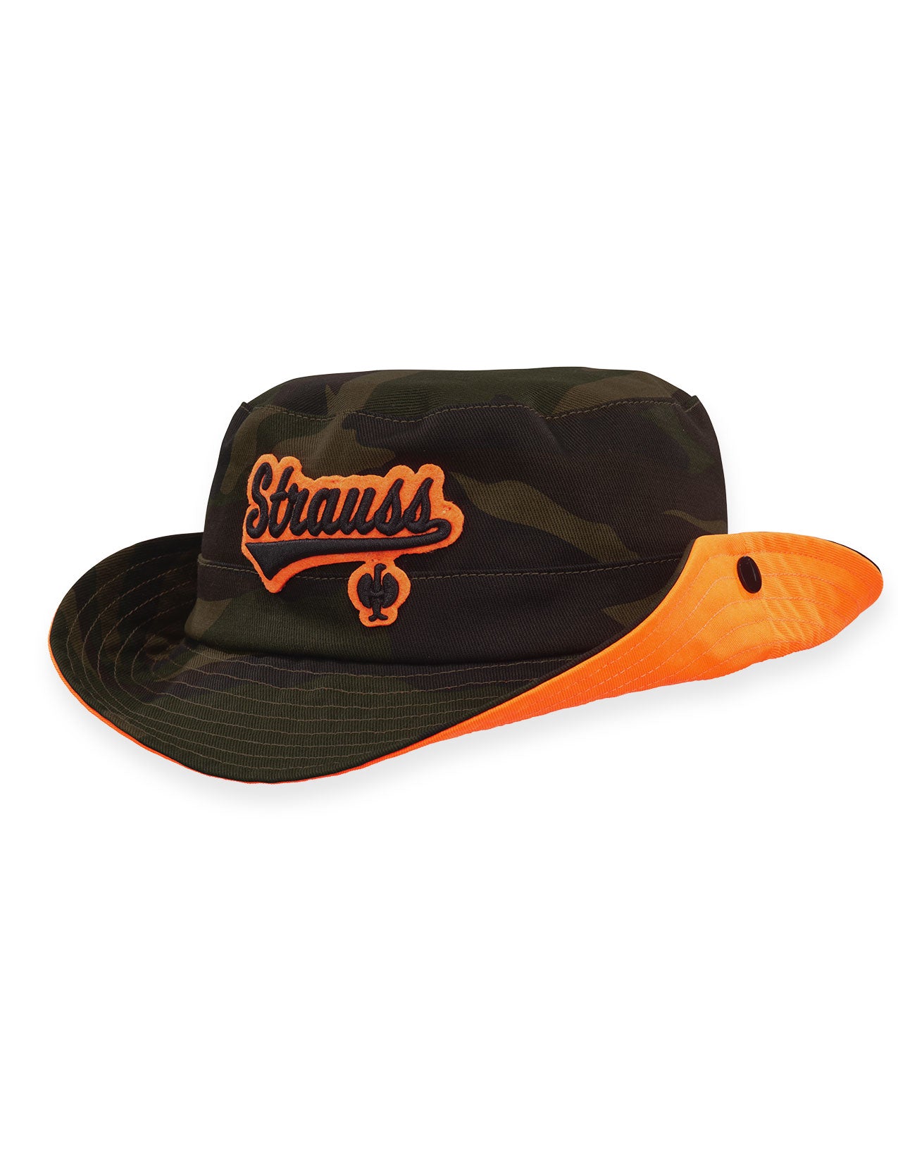 Black and orange hat with 'Strauss' logo on a white background.