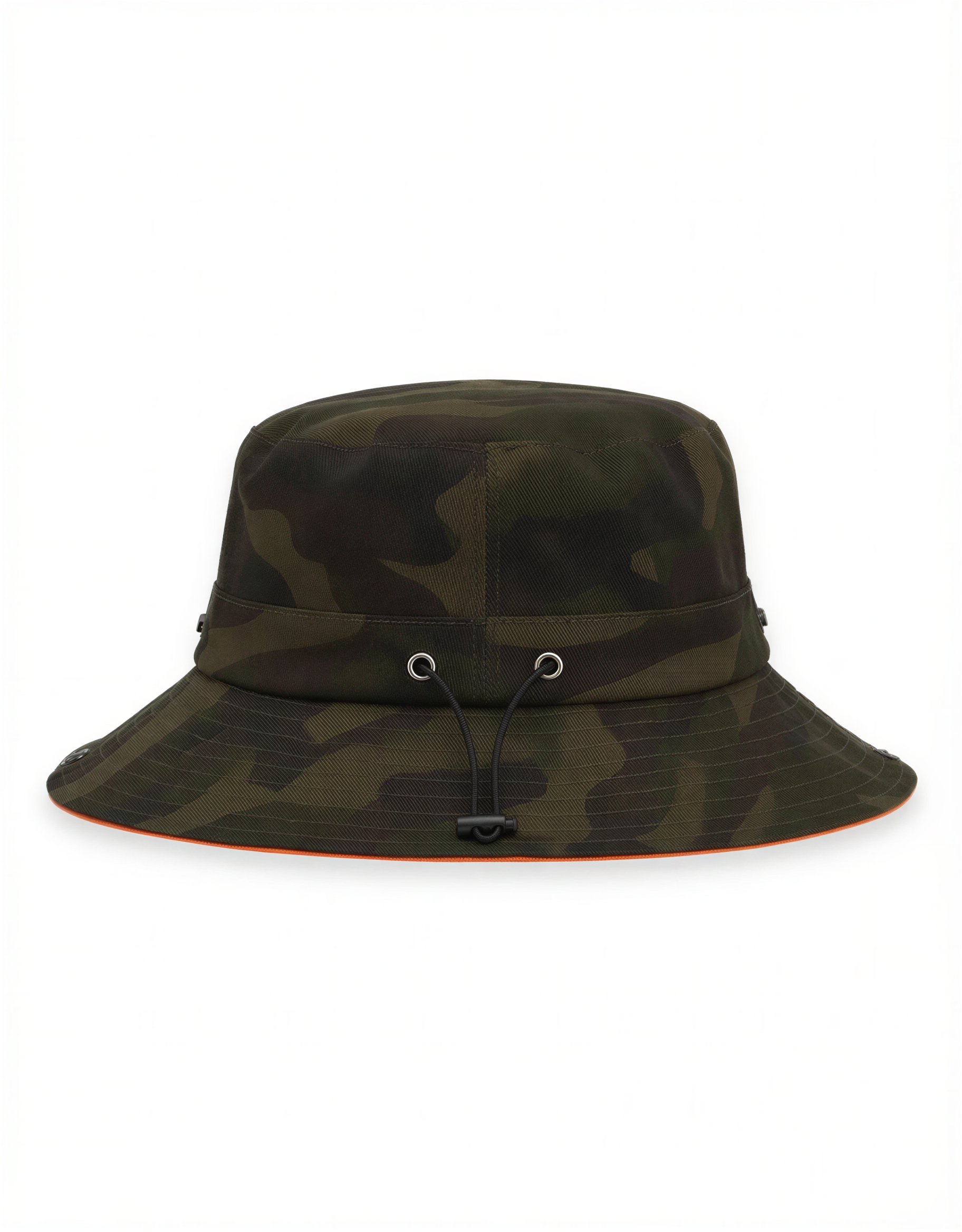 Camouflage bucket hat with drawstring on a white background.