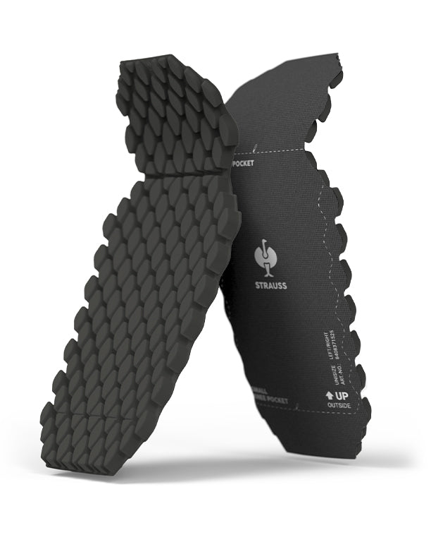 Black textured knee pad with brand logo on a white background