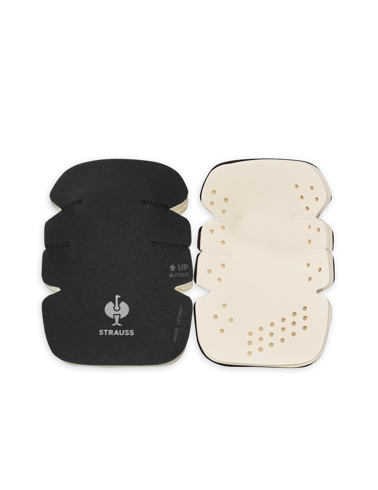 Black and white knee pads with 'Strauss' branding on a white background