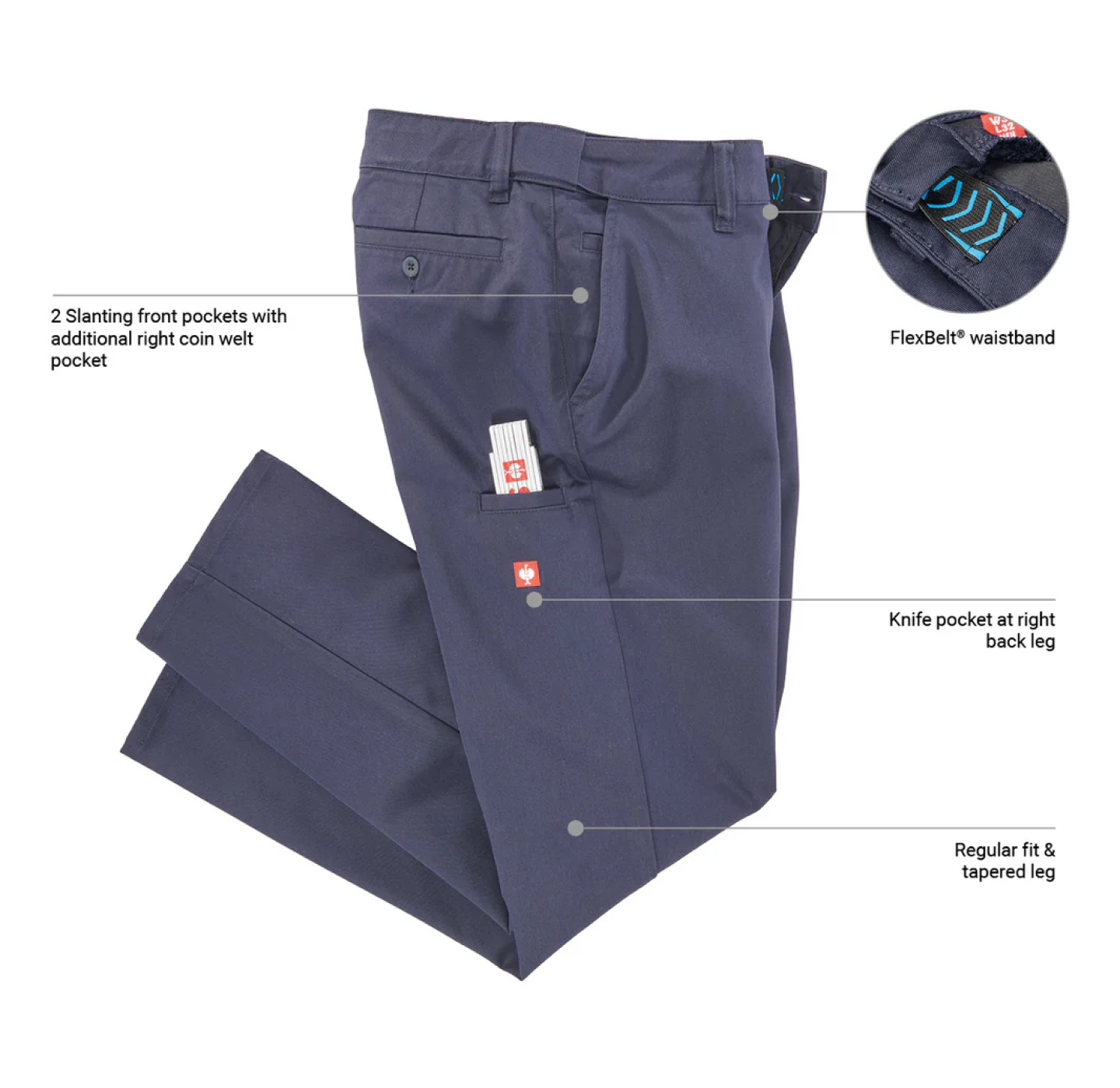 Navy blue pants shown folded with labels for coin pocket, FlexBelt® waistband, knife pocket at right back leg, and regular fit with tapered leg. Inset shows waistband detail.