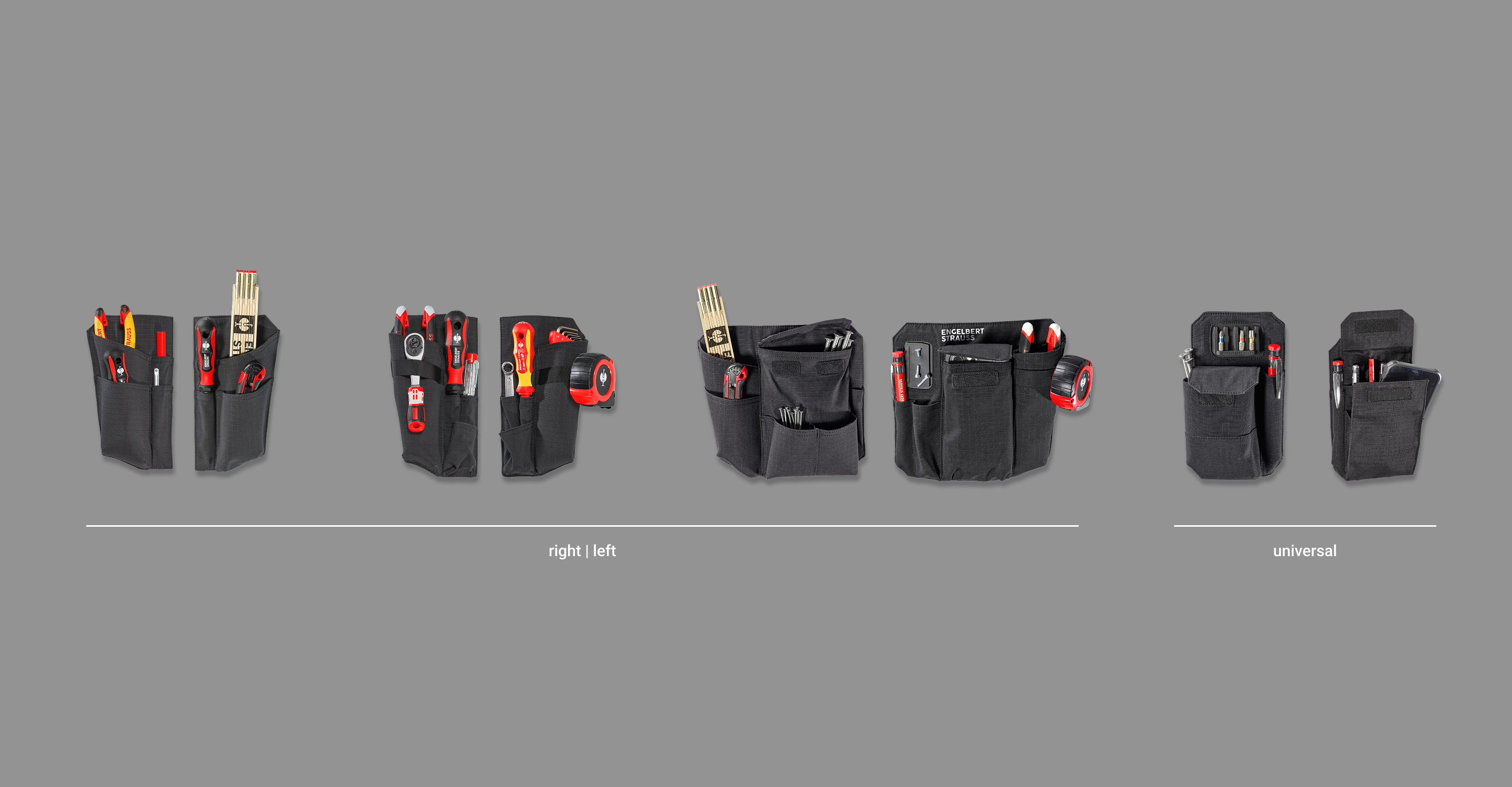 Five black tool pouches with various tools inside are displayed against a gray background. The first four are labeled right | left and the last two are labeled universal..