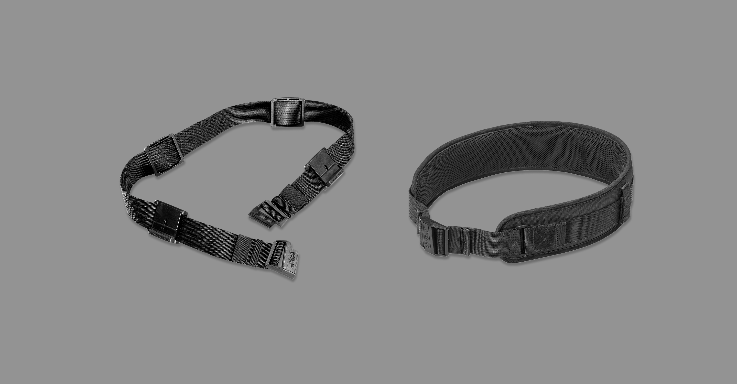 Two black nylon belts with plastic buckles are displayed on a gray background; one is straight with adjustable clips, and the other is padded and curved.
