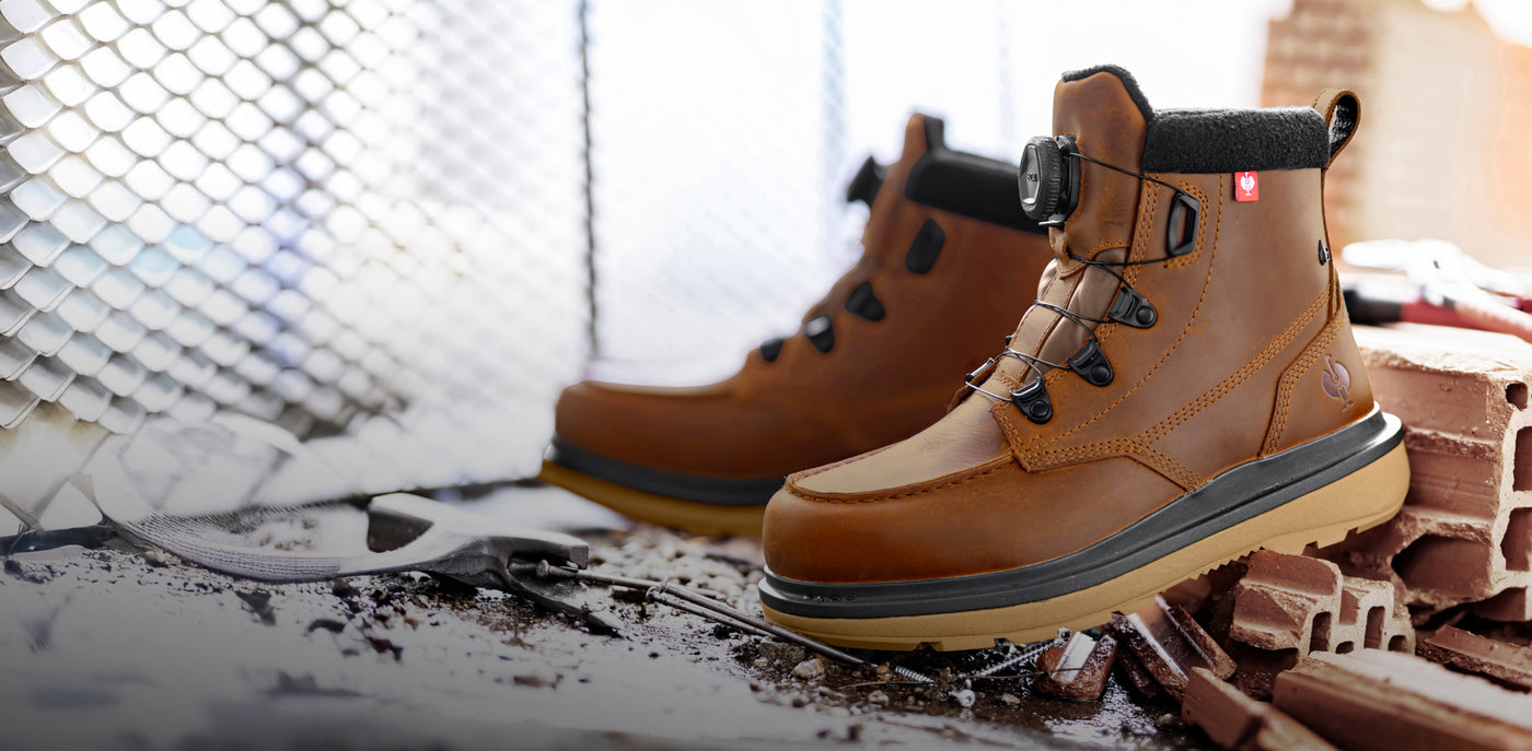 Brown work boots on a surface with a blurred background