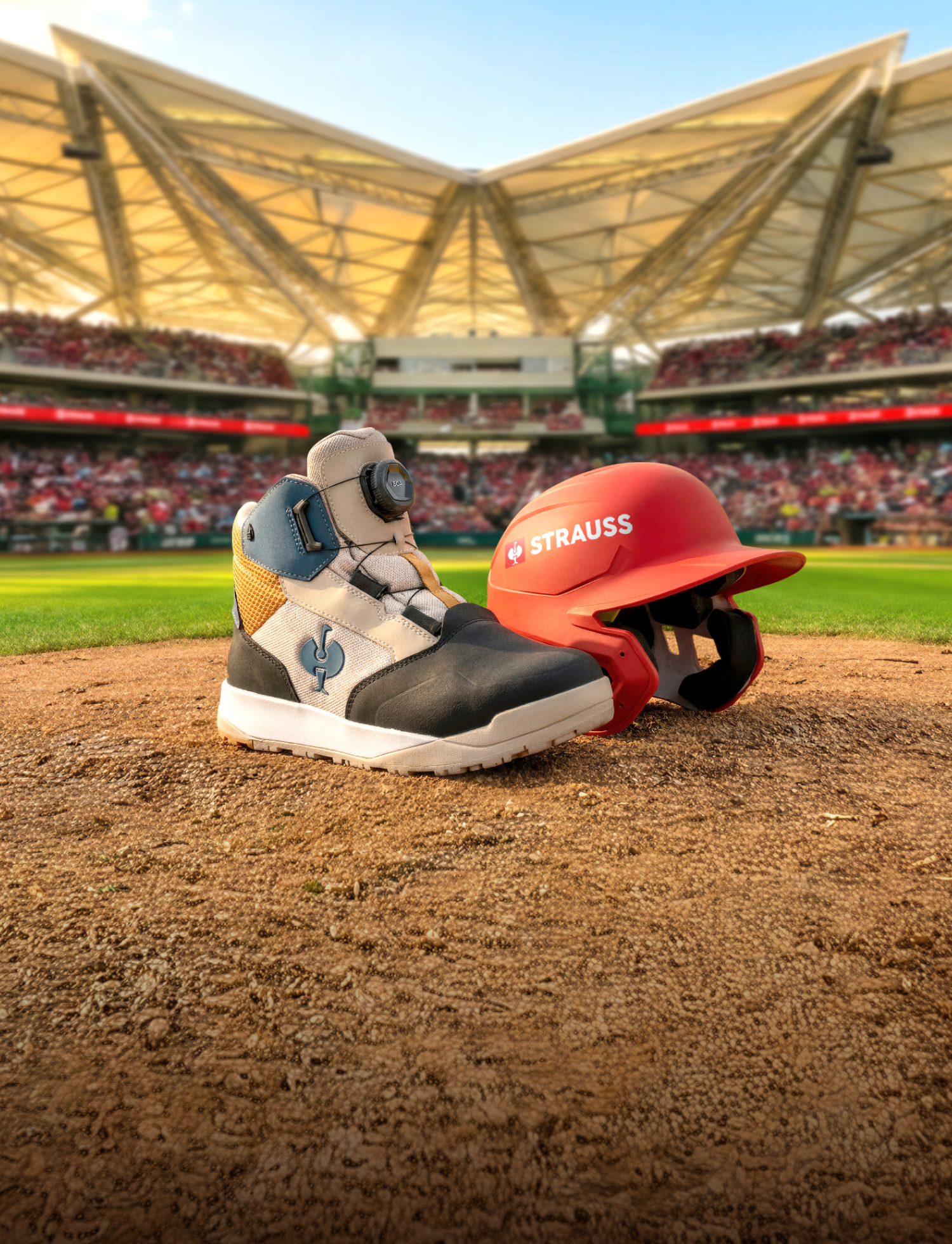 Baseball helmet and work boots on a baseball field with a stadium in the background