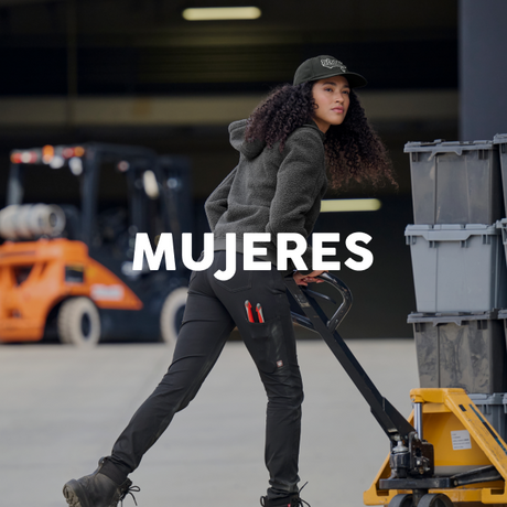 Woman using a pallet jack with 'MUJERES' text overlay in an industrial setting