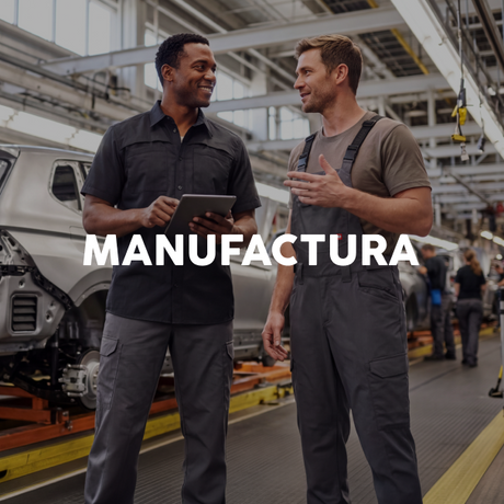 Two male manufacturing workers standing on an assembly line, one holding a tablet and the other gesturing while speaking. Large white text overlay reads 'MANUFACTURA' across the center.