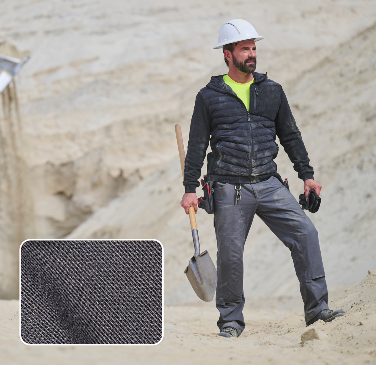 A construction worker in a hard hat and black jacket stands on sandy ground holding a shovel, with a close-up inset showing the texture of dark, durable fabric.