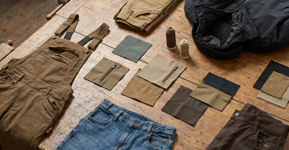 Brown overalls, blue jeans, fabric swatches with zippers, thread spools, and a folded jacket are arranged neatly on a rustic wooden table.