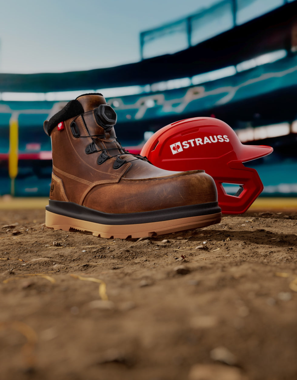 Brown work boot and red hard hat with 'Strauss' logo on a dirt surface.