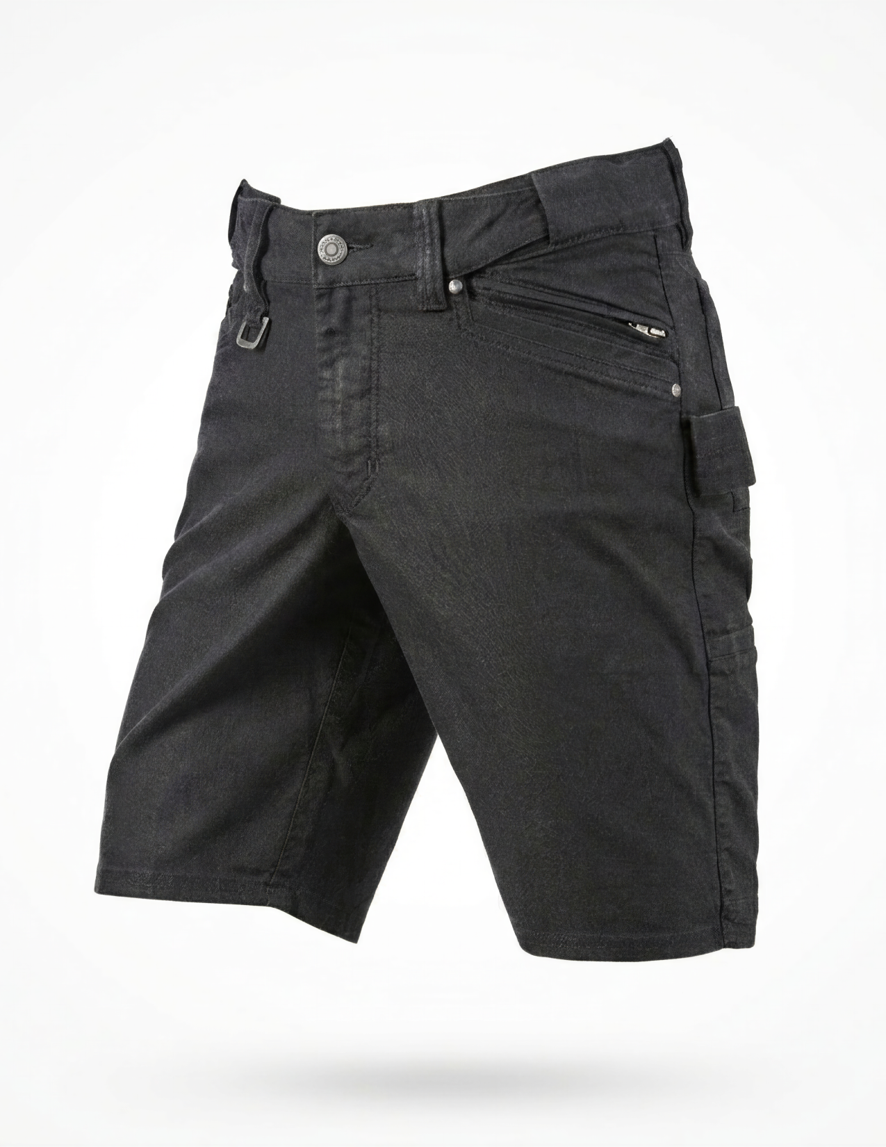 Black shorts with multiple pockets on a white background