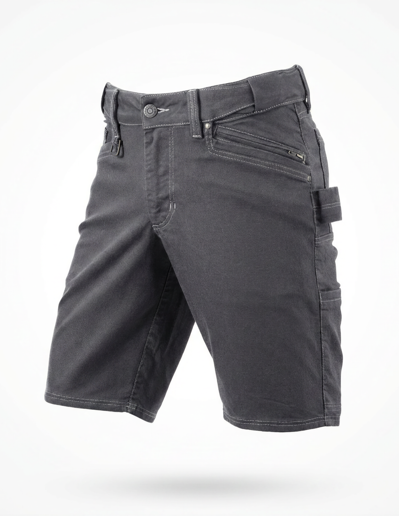 Grey cargo shorts on a white background