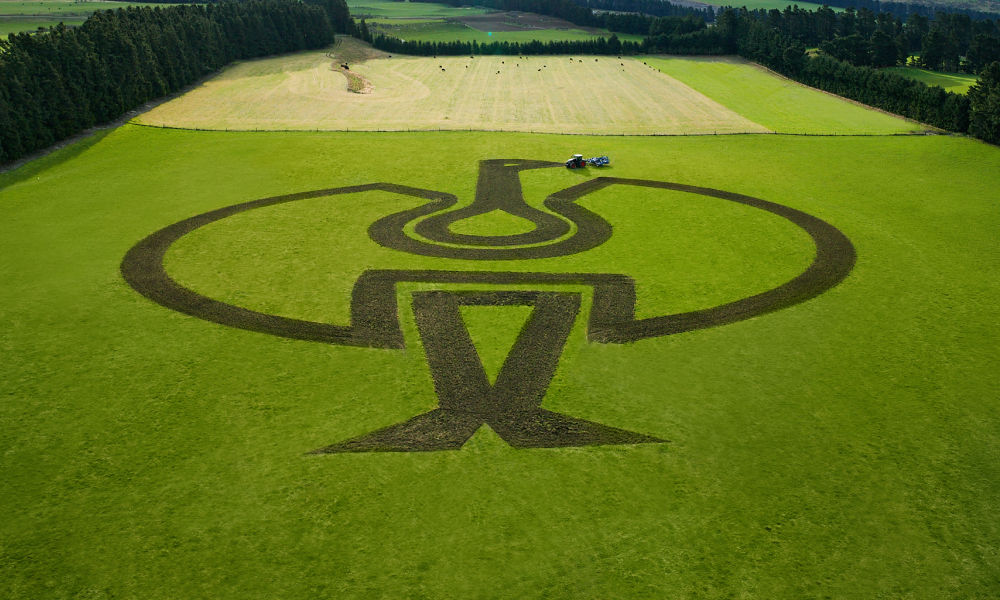Aerial view of a large grass art or crop design shaped like a STRAUSS, with dark green and tan fields and a small tractor in the distance.