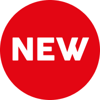 Red circle with the word 'NEW' in white text