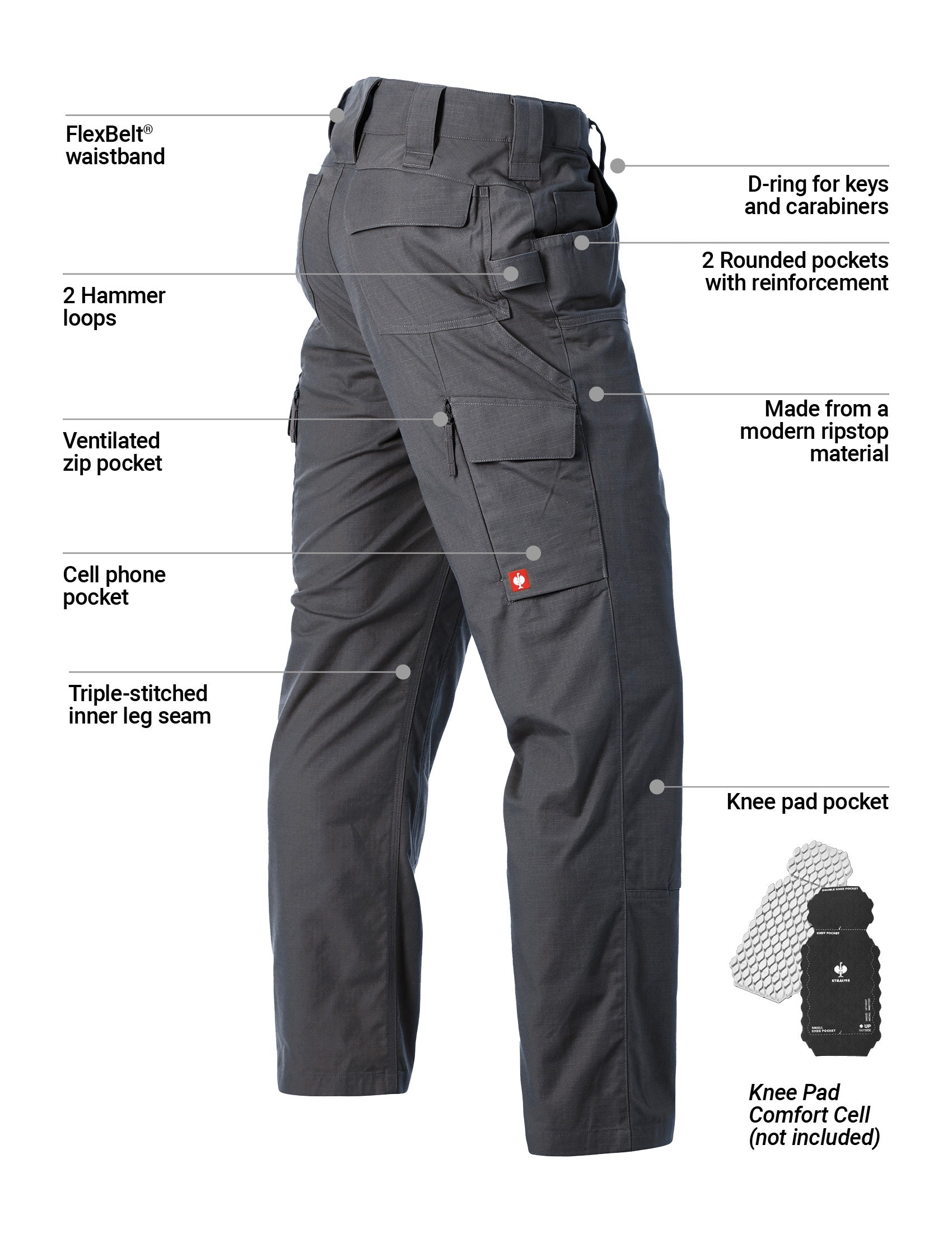 Black tactical pants with feature labels on a white background