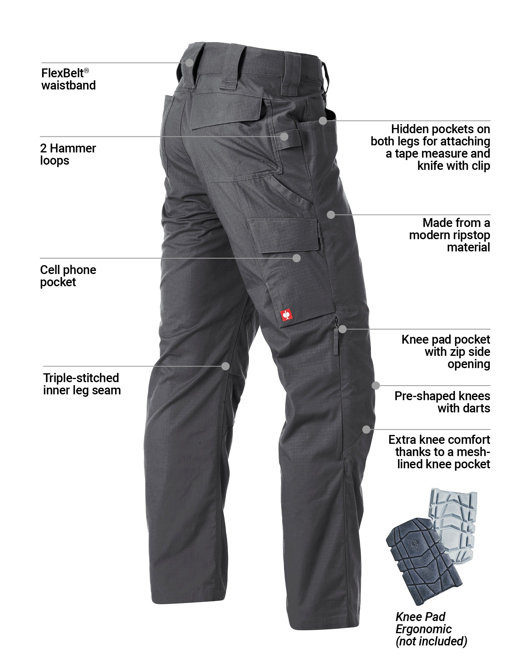 Pants with features highlighted on a white background