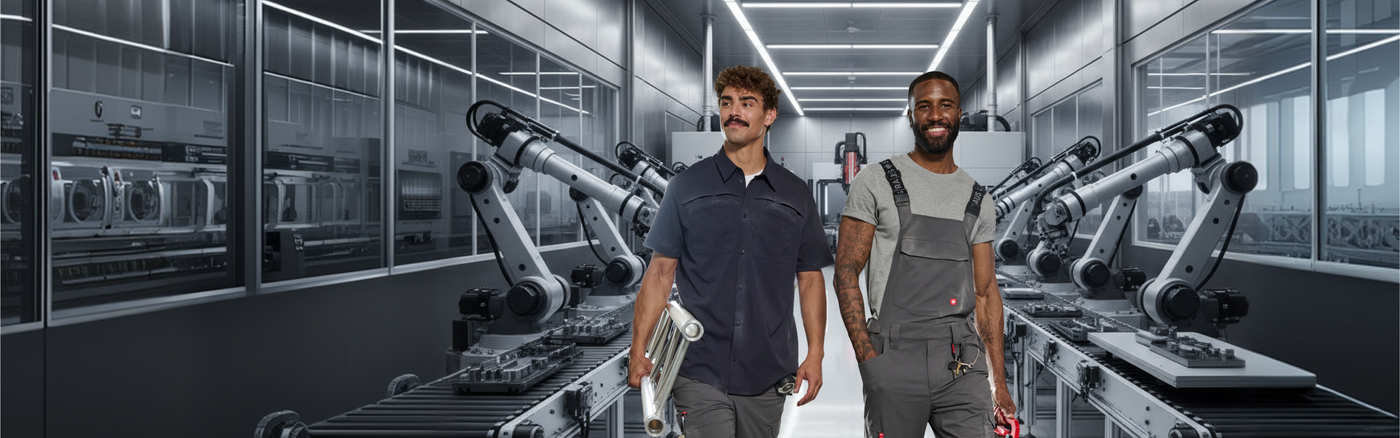 two men in the middle of robotic arms