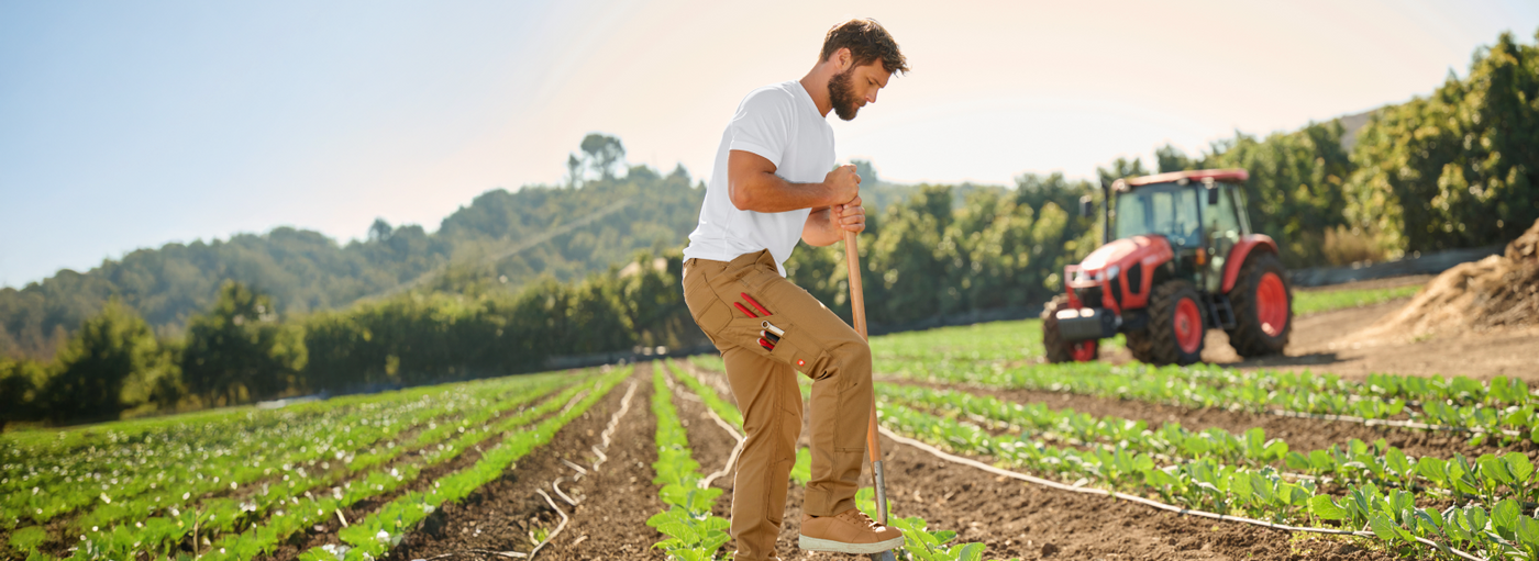 A man wearing a white t-shirt and tan double front work pants is using a shovel in a crop field with a red tractor in the background.