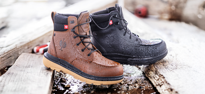 Pair of brown and black boots on a wooden surface with a blurred background