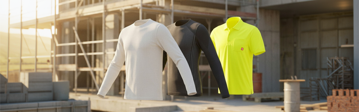 Three shirts in white, black, and yellow flying in the air with a construction site background.
