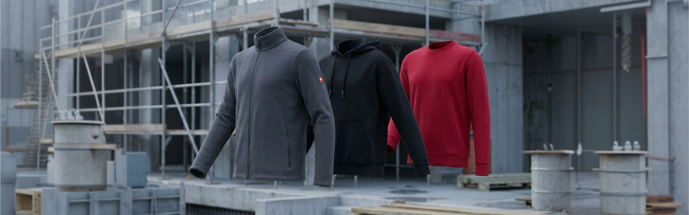 Three mid layer jackets and sweatshirts in black, gray, and red against a construction site background.