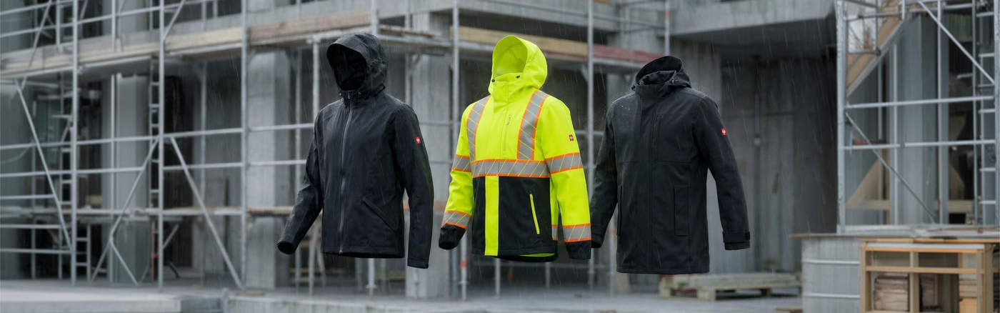 Three jackets flying in the air in front of a rainy construction site.