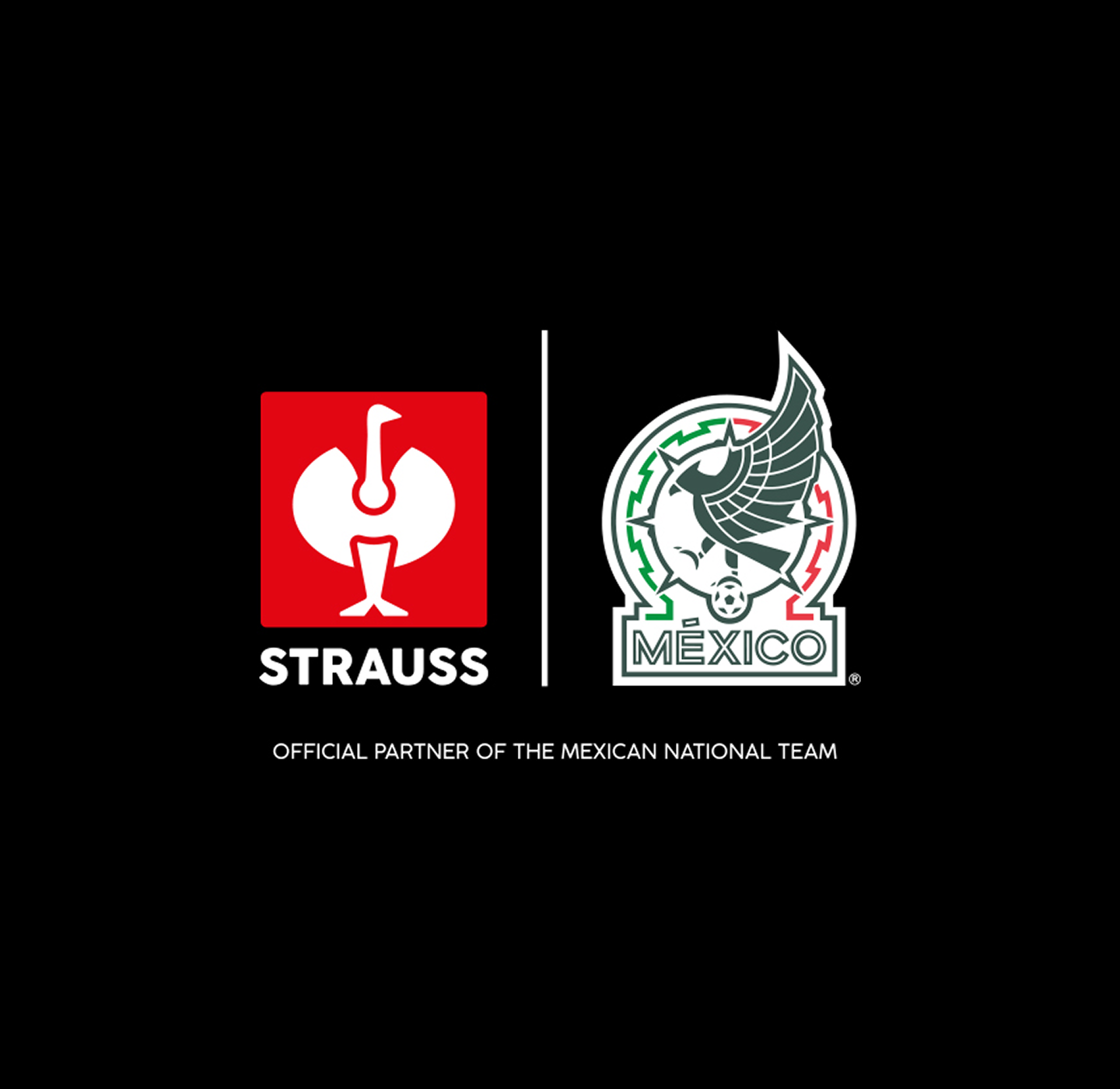 Strauss and Mexican National Team logos side by side on a black background, with text below reading, Official Partner of the Mexican National Team..