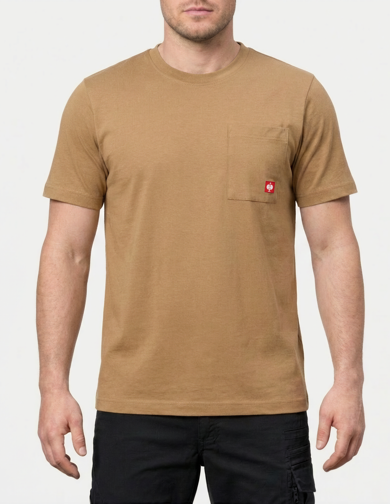 Man wearing a brown t-shirt with a red logo on a white background