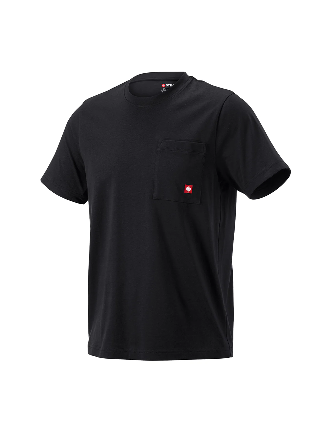 Black t-shirt with a red logo on a white background